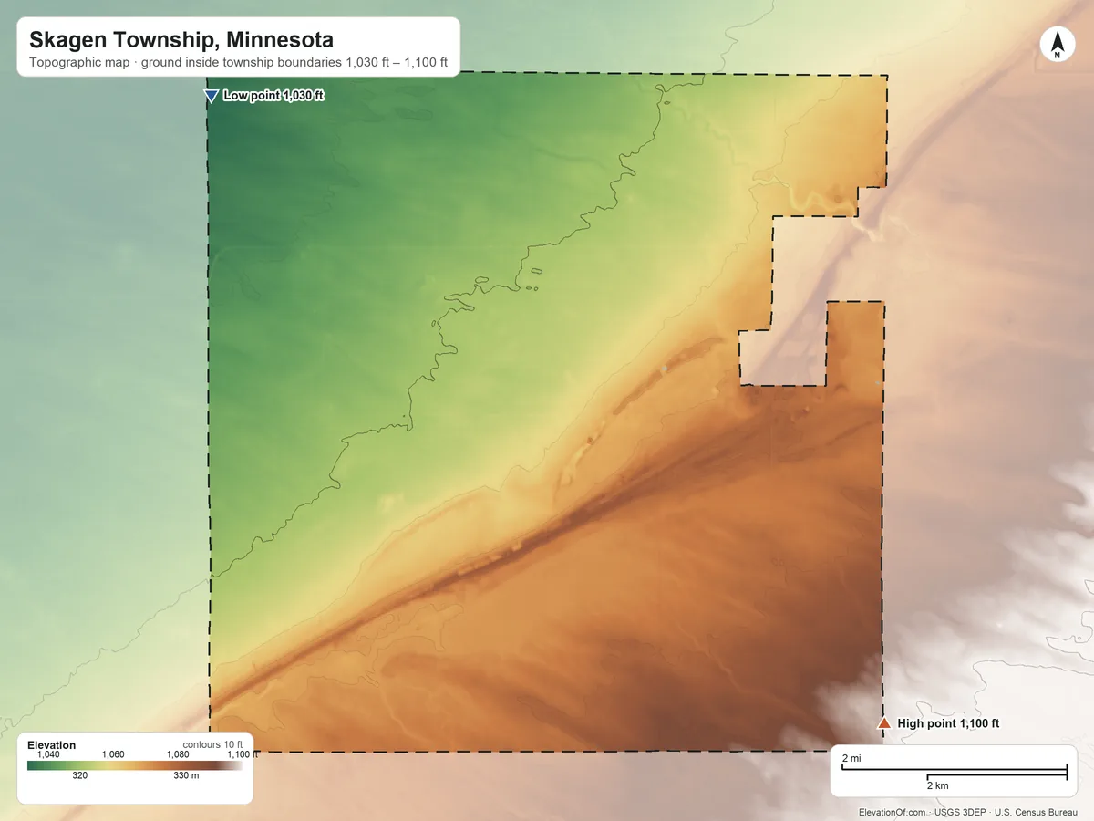 Topographic elevation map of Skagen Township, Minnesota, shaded from 1,030 ft on the northwest side to 1,100 ft on the southeast side