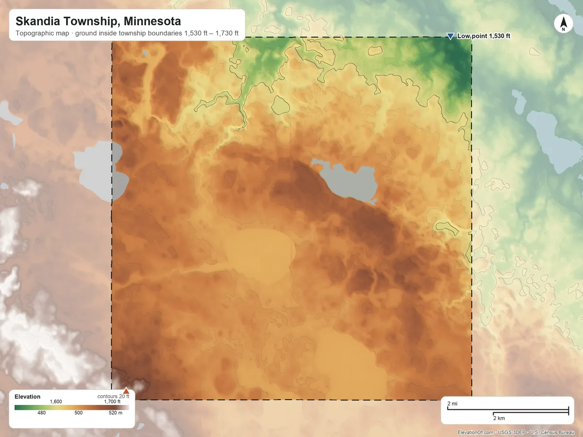 Topographic elevation map of Skandia Township, Minnesota, shaded from 1,530 ft on the northeast side to 1,730 ft on the southwest side