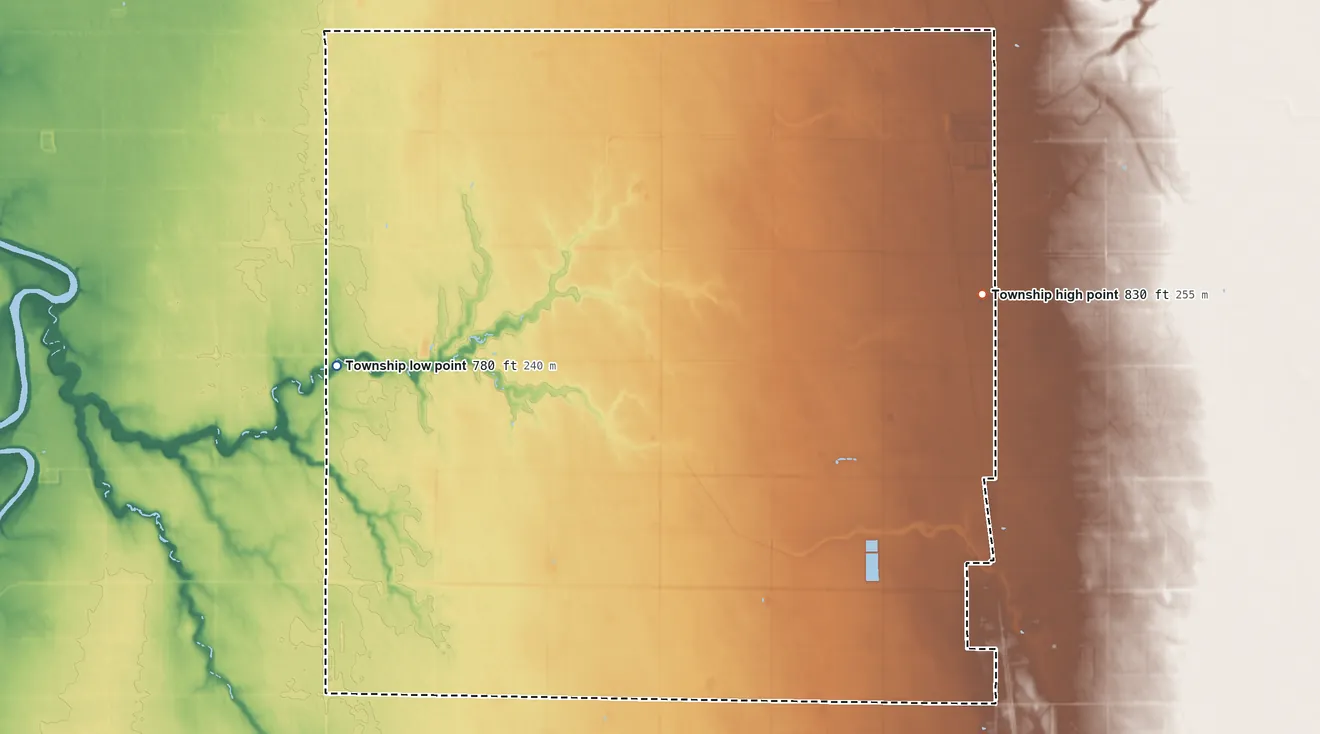 Topographic elevation map of Skane Township, Minnesota, shaded from 780 ft on the west side to 830 ft on the east side