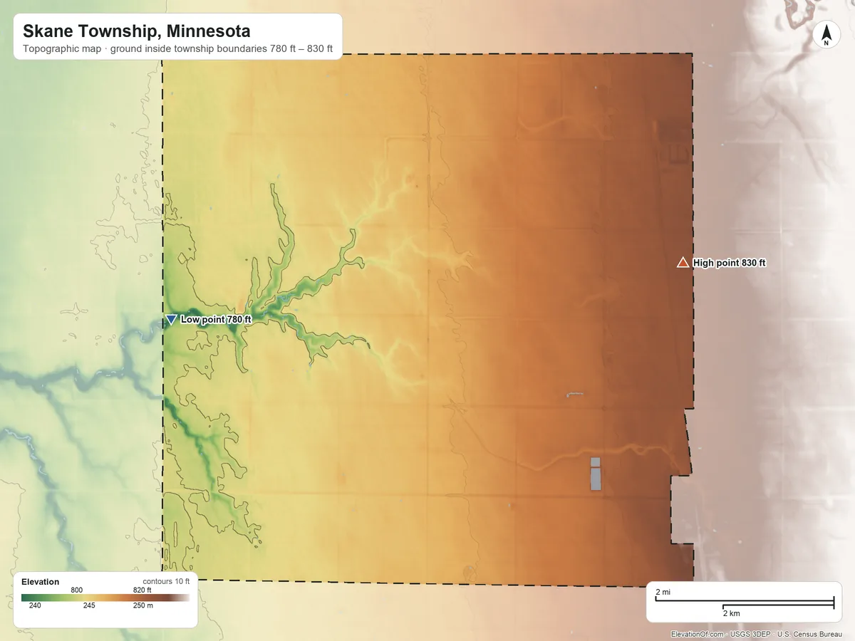 Topographic elevation map of Skane Township, Minnesota, shaded from 780 ft on the west side to 830 ft on the east side