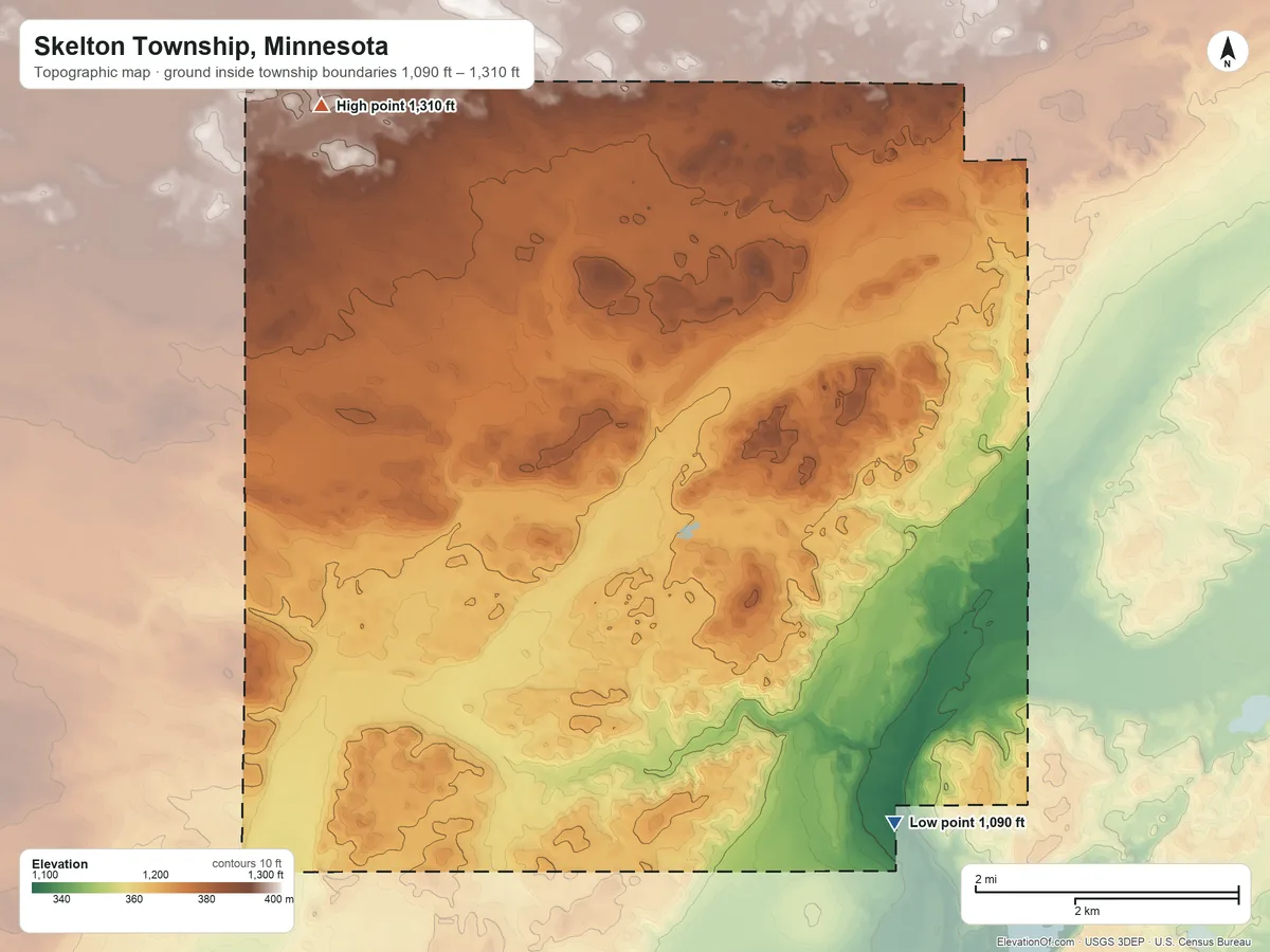 Topographic elevation map of Skelton Township, Minnesota, shaded from 1,090 ft on the southeast side to 1,310 ft on the northwest side