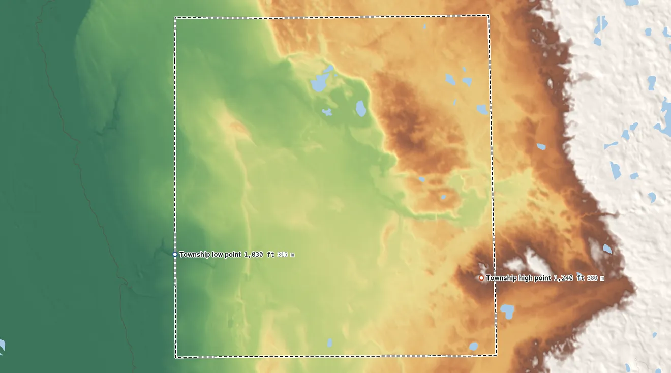 Topographic elevation map of Skree Township, Minnesota, shaded from 1,030 ft on the west side to 1,240 ft on the southeast side
