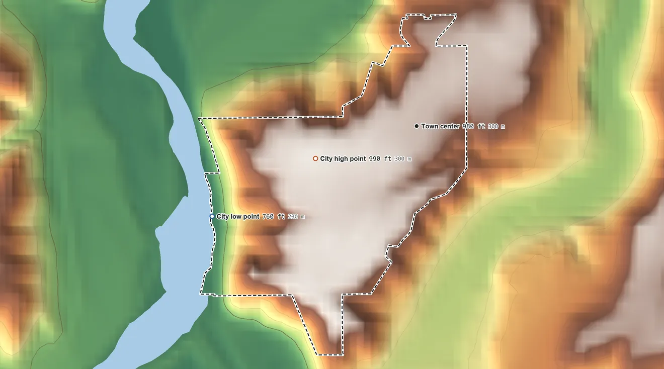 Topographic elevation map of Skyline, Minnesota, shaded from 760 ft on the southwest side to 990 ft on the west side