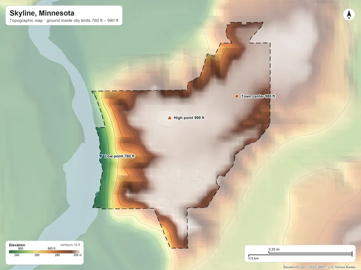 Topographic elevation map of Skyline, Minnesota, shaded from 760 ft on the southwest side to 990 ft on the west side