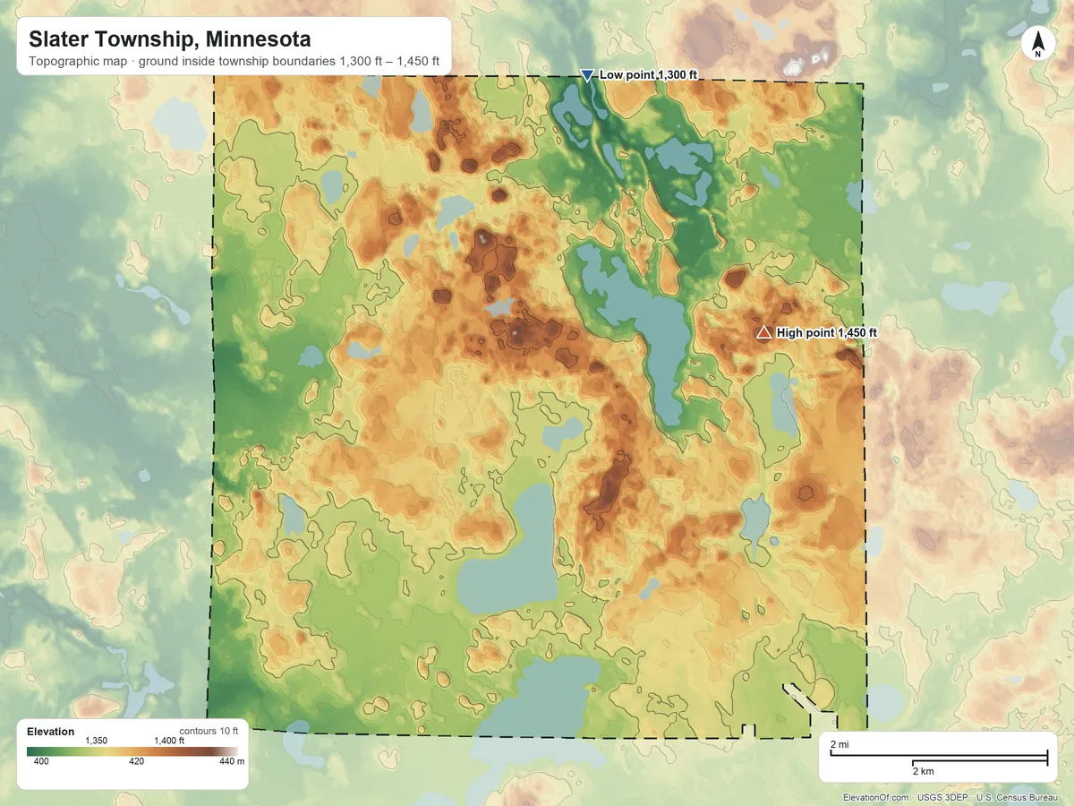 Topographic elevation map of Slater Township, Minnesota, shaded from 1,300 ft on the north side to 1,450 ft on the east side