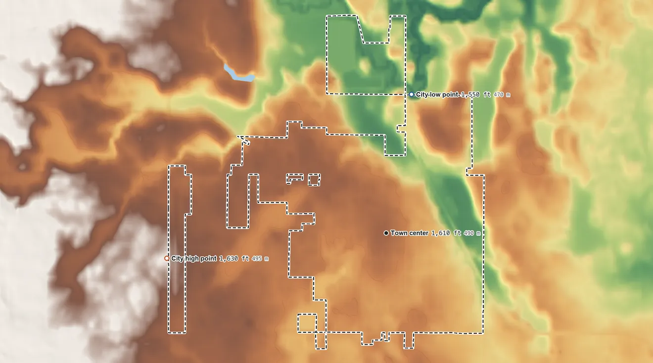Topographic elevation map of Slayton, Minnesota, shaded from 1,550 ft on the north side to 1,630 ft on the west side