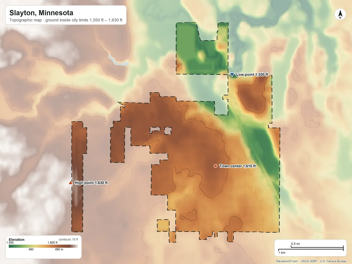 Topographic elevation map of Slayton, Minnesota, shaded from 1,550 ft on the north side to 1,630 ft on the west side