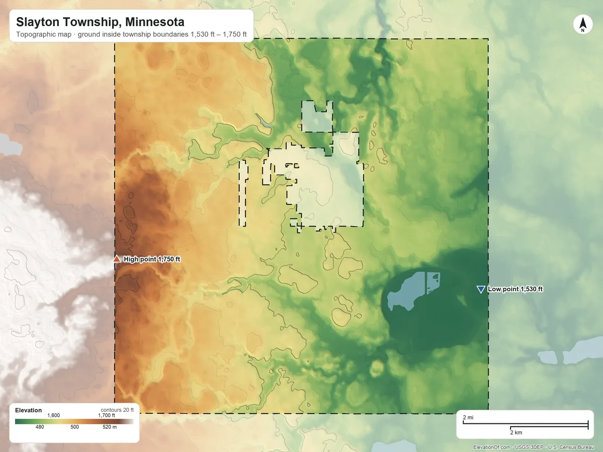 Topographic elevation map of Slayton Township, Minnesota, shaded from 1,530 ft on the southeast side to 1,750 ft on the west side