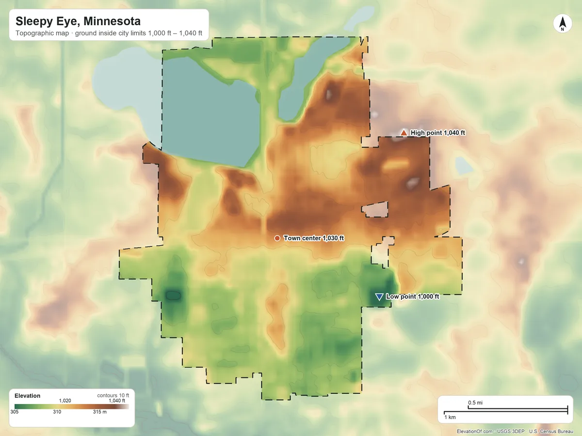 Topographic elevation map of Sleepy Eye, Minnesota, shaded from 1,000 ft on the southeast side to 1,040 ft on the northeast side