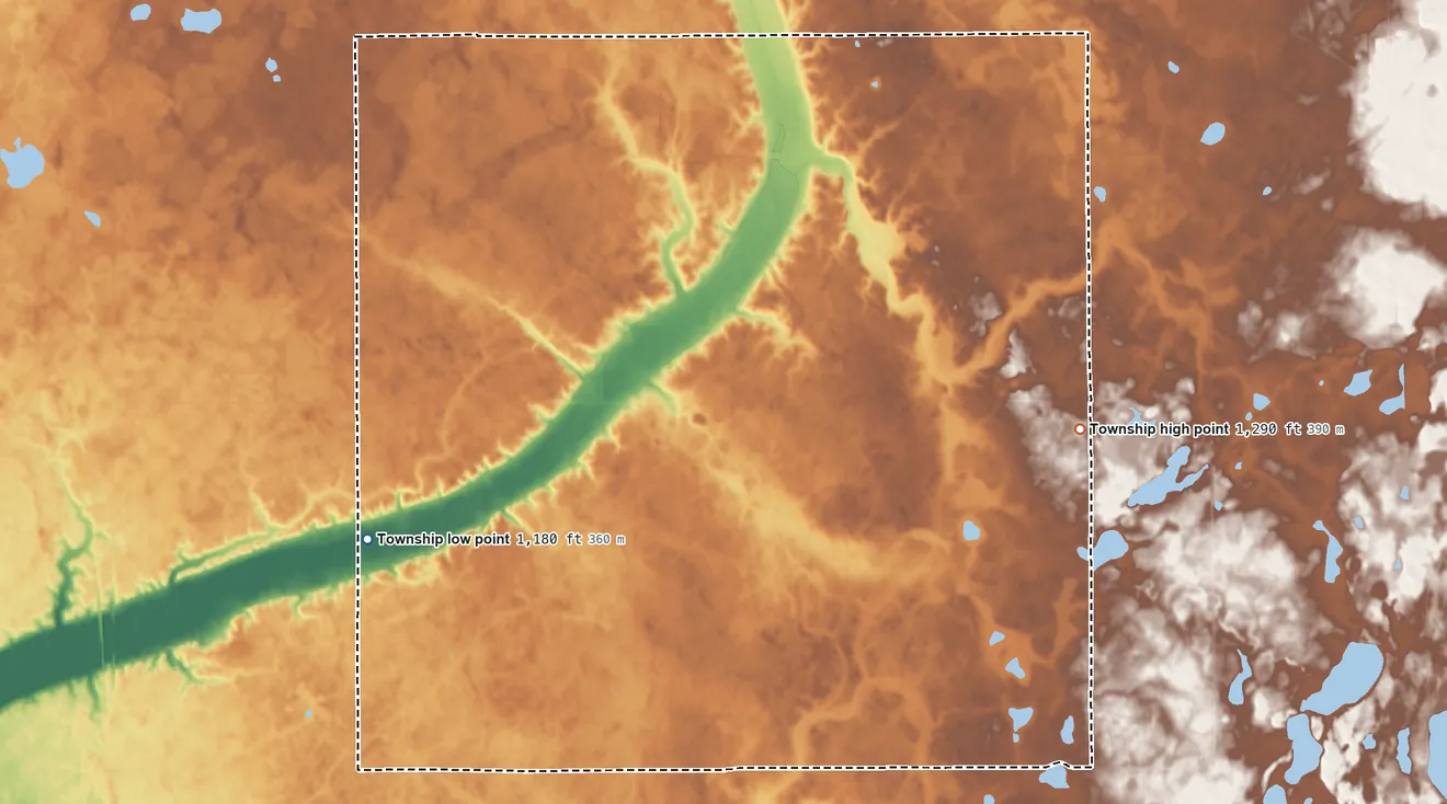 Topographic elevation map of Sletten Township, Minnesota, shaded from 1,180 ft on the southwest side to 1,290 ft on the southeast side
