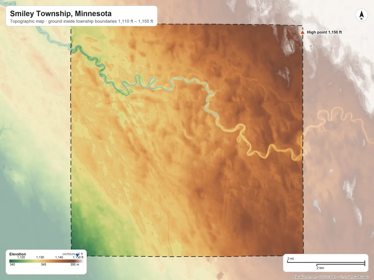 Topographic elevation map of Smiley Township, Minnesota, shaded from 1,110 ft on the southwest side to 1,150 ft on the northeast side