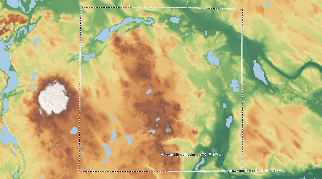 Topographic elevation map of Smoky Hollow Township, Minnesota, shaded from 1,290 ft on the southeast side to 1,460 ft on the south side