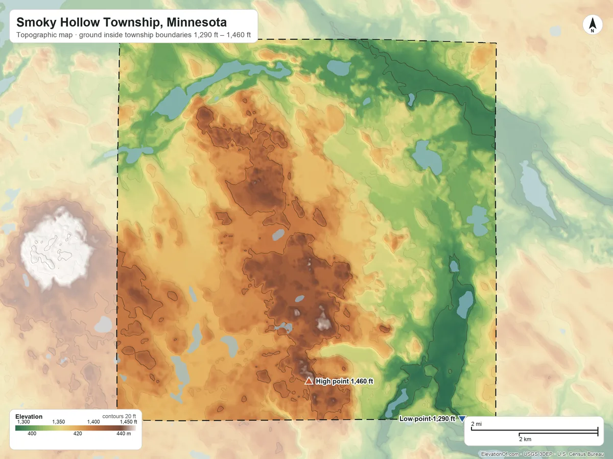 Topographic elevation map of Smoky Hollow Township, Minnesota, shaded from 1,290 ft on the southeast side to 1,460 ft on the south side