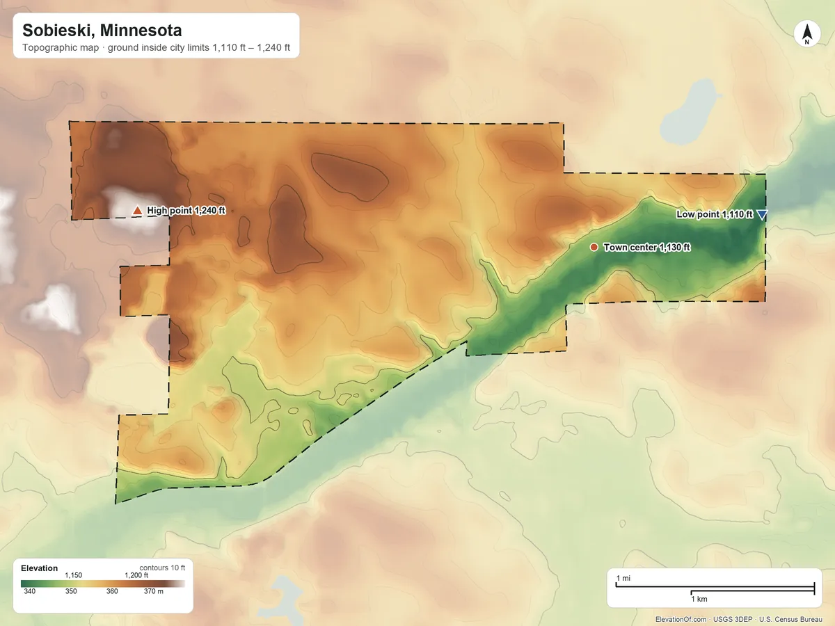 Topographic elevation map of Sobieski, Minnesota, shaded from 1,110 ft on the east side to 1,240 ft on the west side
