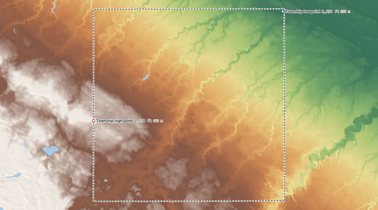 Topographic elevation map of Sodus Township, Minnesota, shaded from 1,150 ft on the northeast side to 1,510 ft on the west side