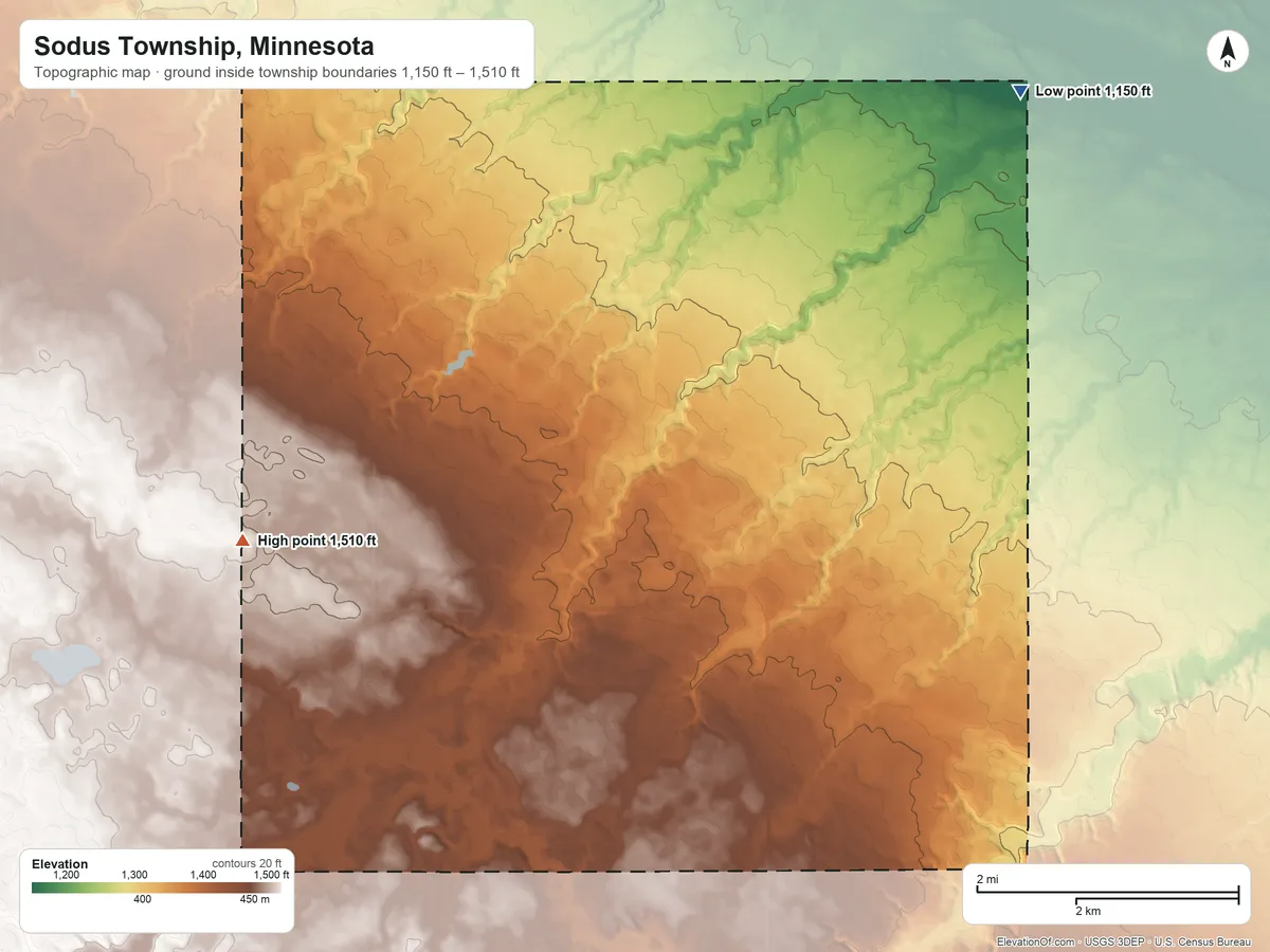 Topographic elevation map of Sodus Township, Minnesota, shaded from 1,150 ft on the northeast side to 1,510 ft on the west side