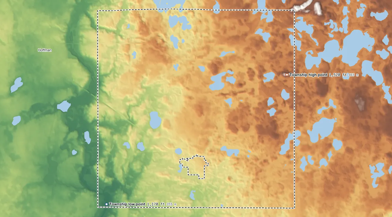 Topographic elevation map of Solem Township, Minnesota, shaded from 1,170 ft on the southwest side to 1,520 ft on Lookout Mountain