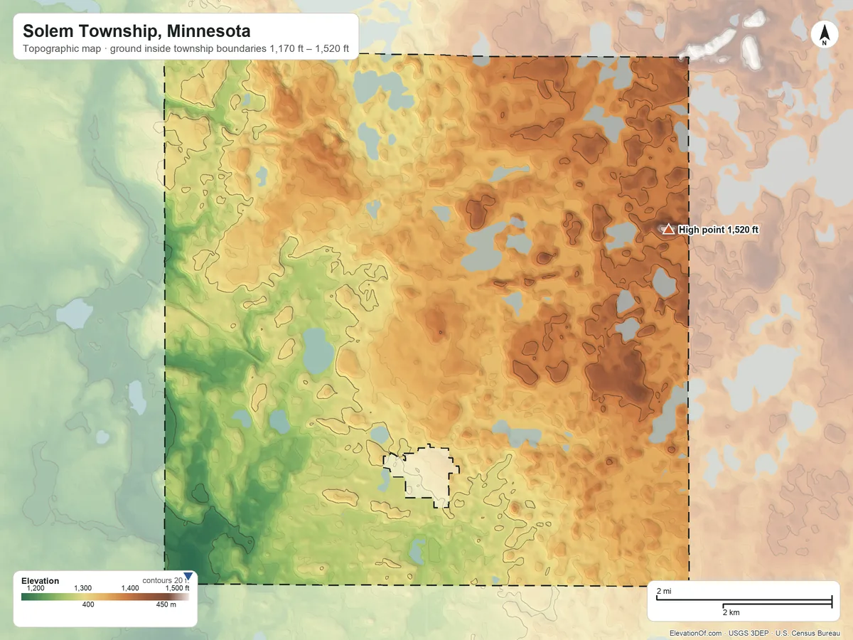 Topographic elevation map of Solem Township, Minnesota, shaded from 1,170 ft on the southwest side to 1,520 ft on Lookout Mountain