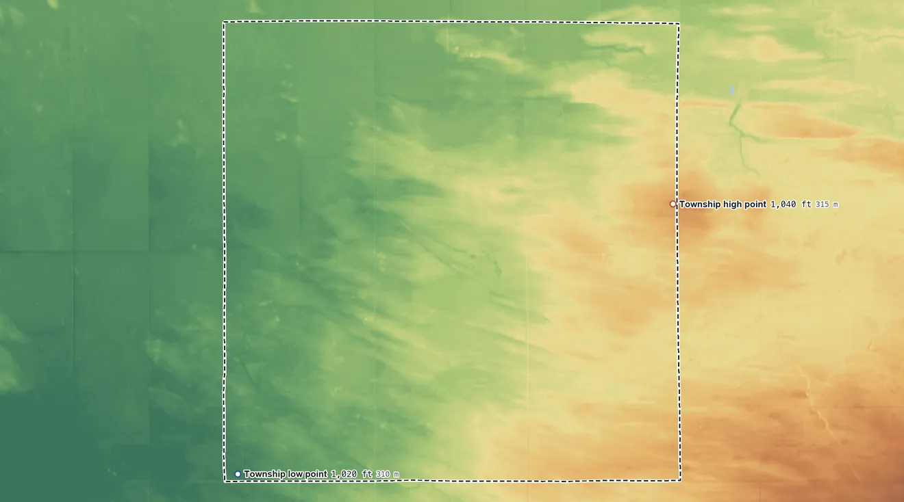 Topographic elevation map of Soler Township, Minnesota, shaded from 1,020 ft on the southwest side to 1,040 ft on the east side