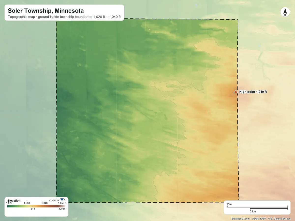 Topographic elevation map of Soler Township, Minnesota, shaded from 1,020 ft on the southwest side to 1,040 ft on the east side
