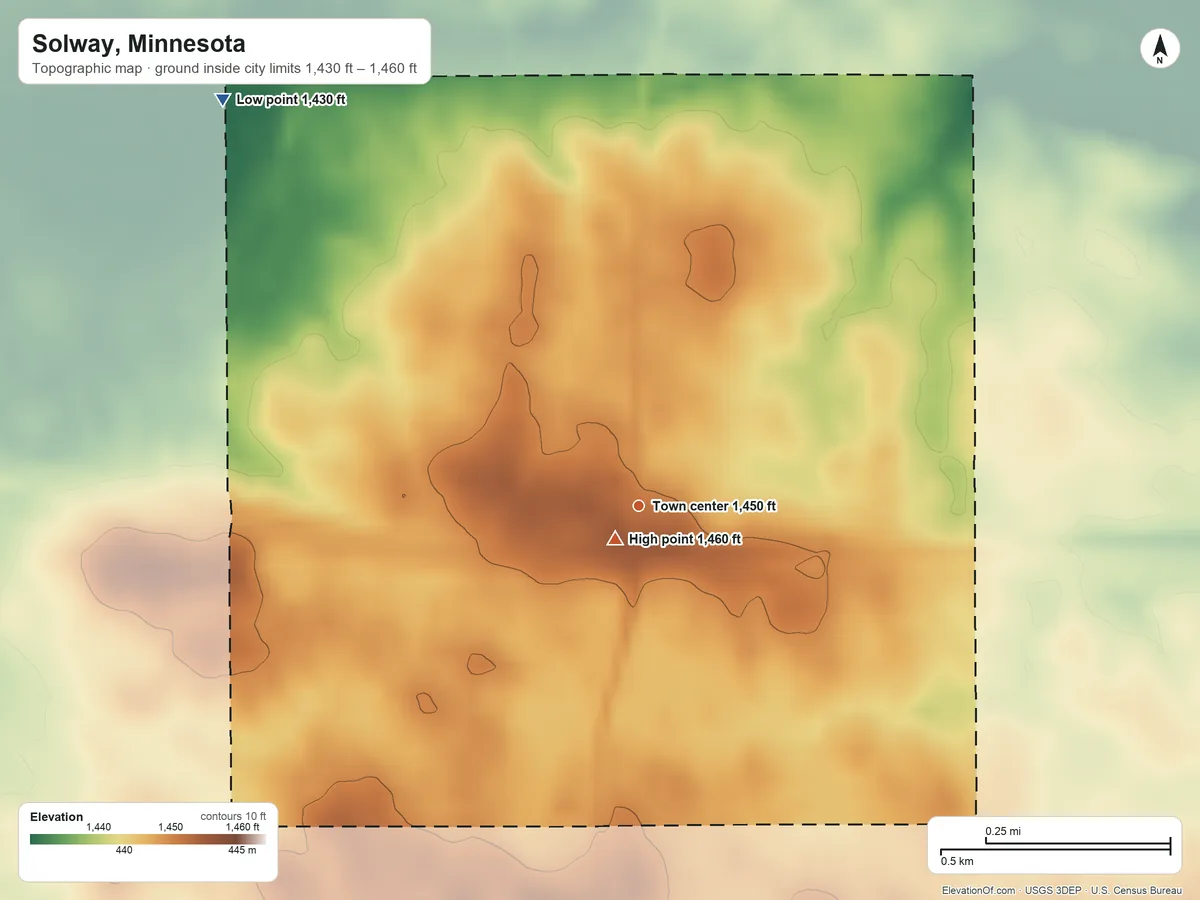 Topographic elevation map of Solway, Minnesota, shaded from 1,430 ft on the northwest side to 1,460 ft near the middle