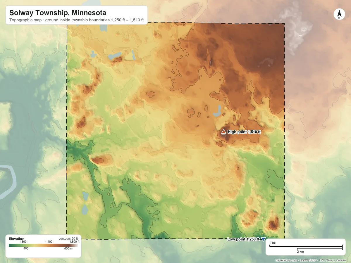 Topographic elevation map of Solway Township, Minnesota, shaded from 1,250 ft on the southeast side to 1,510 ft near the middle