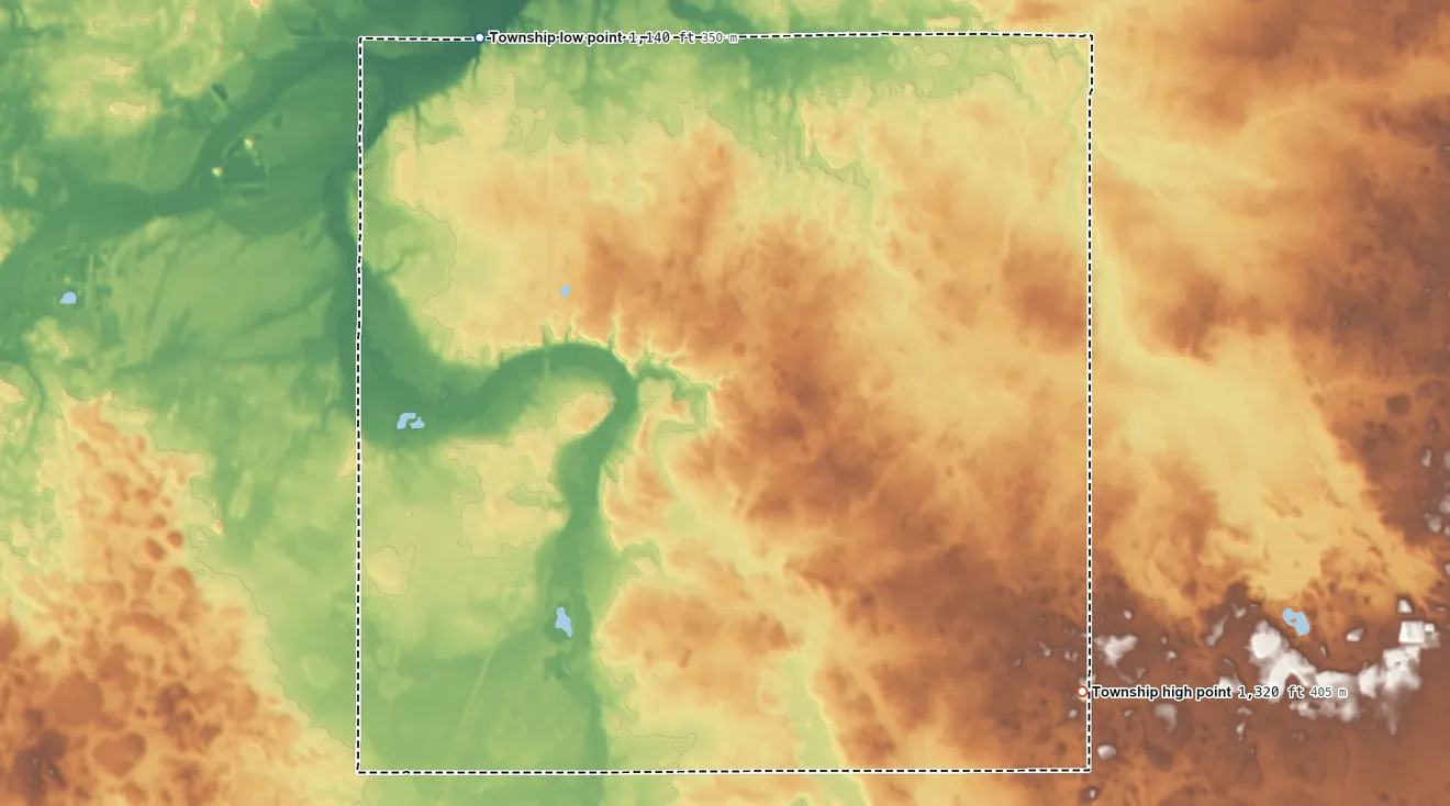 Topographic elevation map of Somerset Township, Minnesota, shaded from 1,140 ft on the northwest side to 1,320 ft on the southeast side