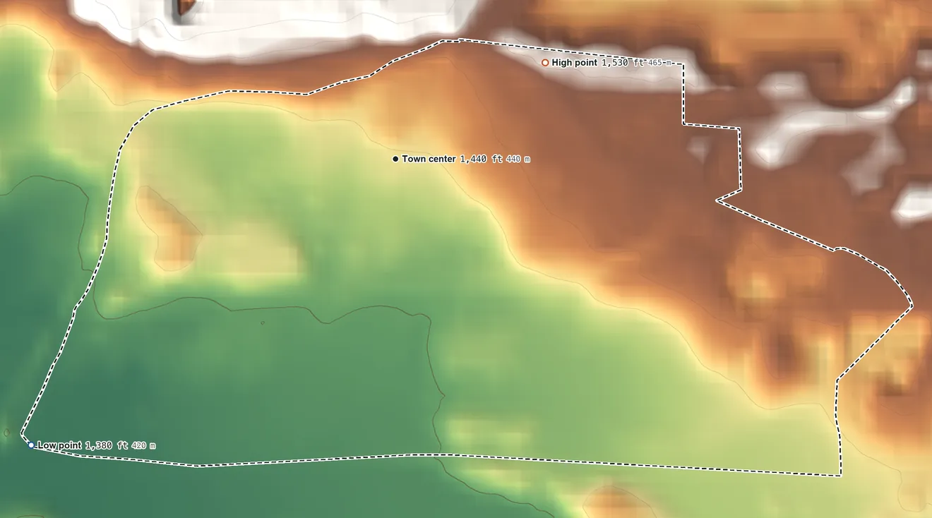 Topographic elevation map of Soudan, Minnesota, shaded from 1,380 ft on the southwest side to 1,530 ft on the northeast side