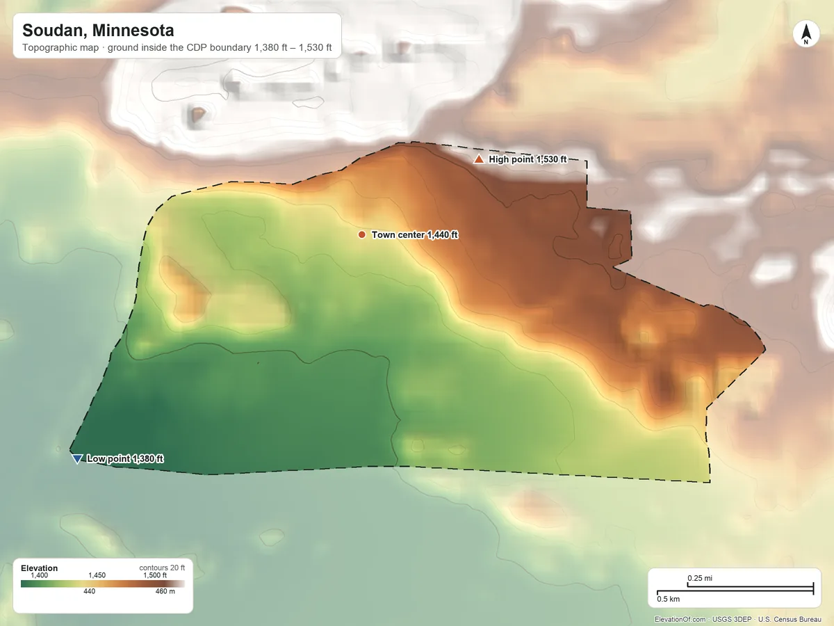 Topographic elevation map of Soudan, Minnesota, shaded from 1,380 ft on the southwest side to 1,530 ft on the northeast side