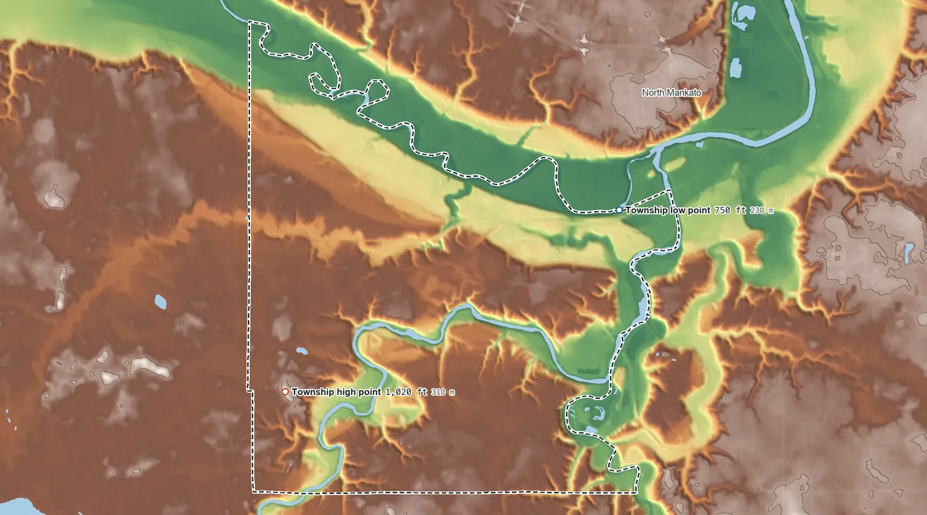 Topographic elevation map of South Bend Township, Minnesota, shaded from 750 ft on the northeast side to 1,020 ft on the southwest side