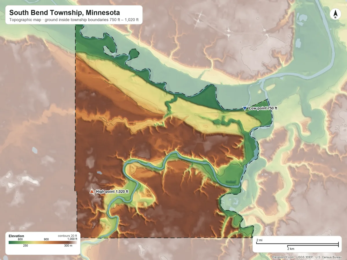 Topographic elevation map of South Bend Township, Minnesota, shaded from 750 ft on the northeast side to 1,020 ft on the southwest side
