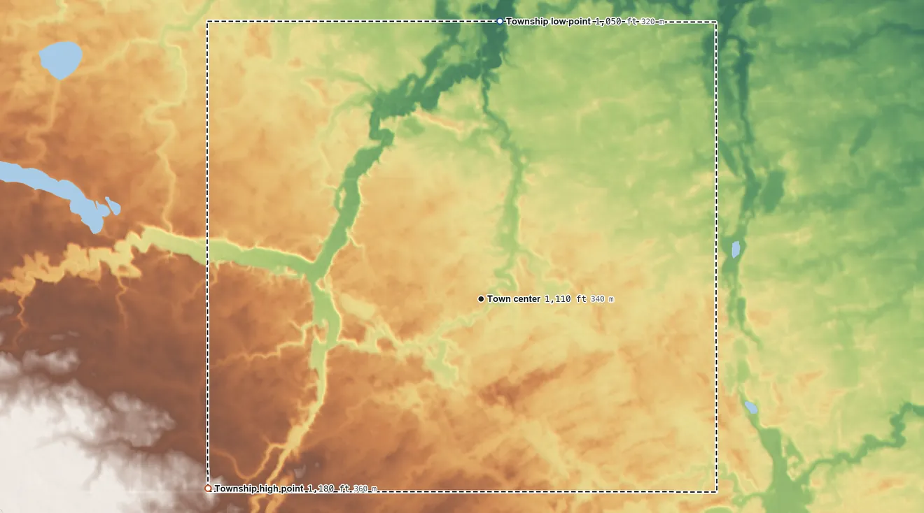 Topographic elevation map of South Branch Township, Minnesota, shaded from 1,050 ft on the north side to 1,180 ft on the southwest side