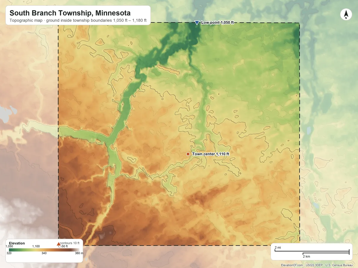 Topographic elevation map of South Branch Township, Minnesota, shaded from 1,050 ft on the north side to 1,180 ft on the southwest side