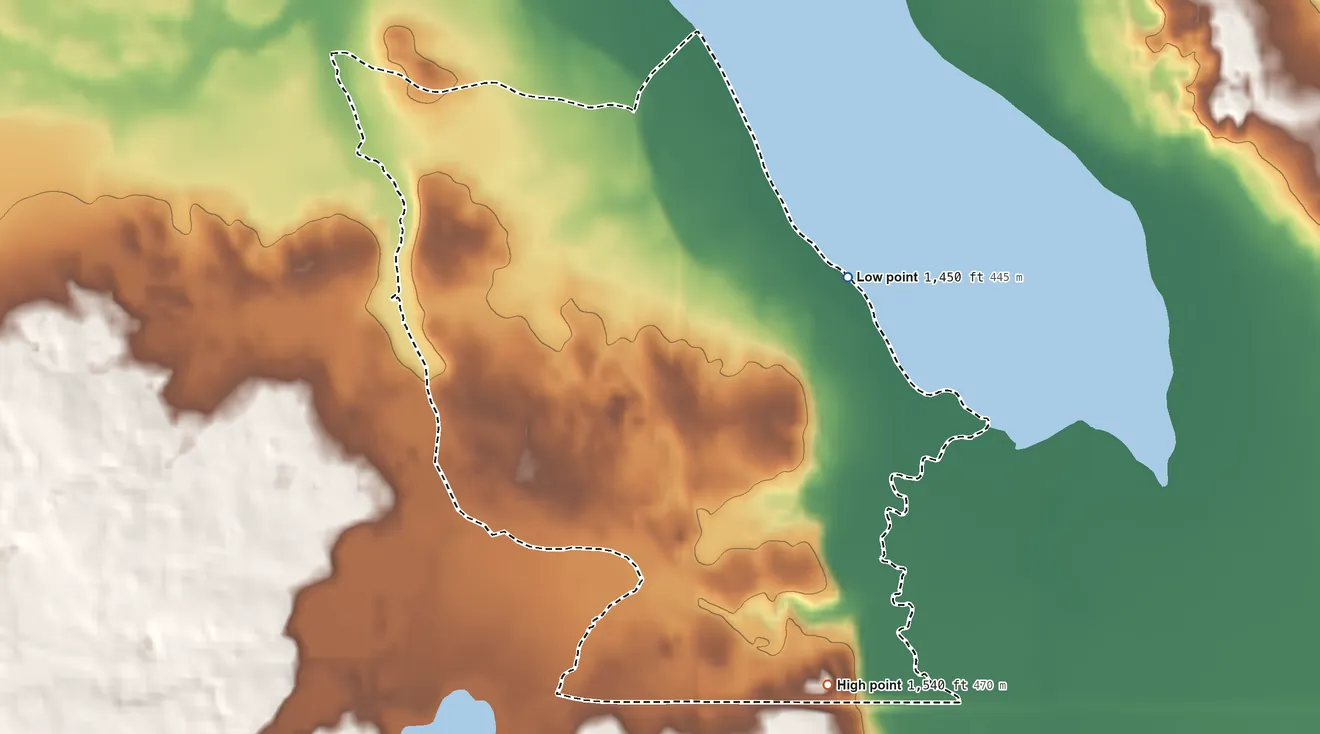 Topographic elevation map of South End, Minnesota, shaded from 1,450 ft on the northeast side to 1,540 ft on the south side