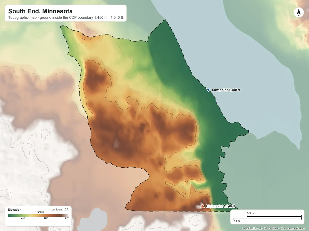 Topographic elevation map of South End, Minnesota, shaded from 1,450 ft on the northeast side to 1,540 ft on the south side