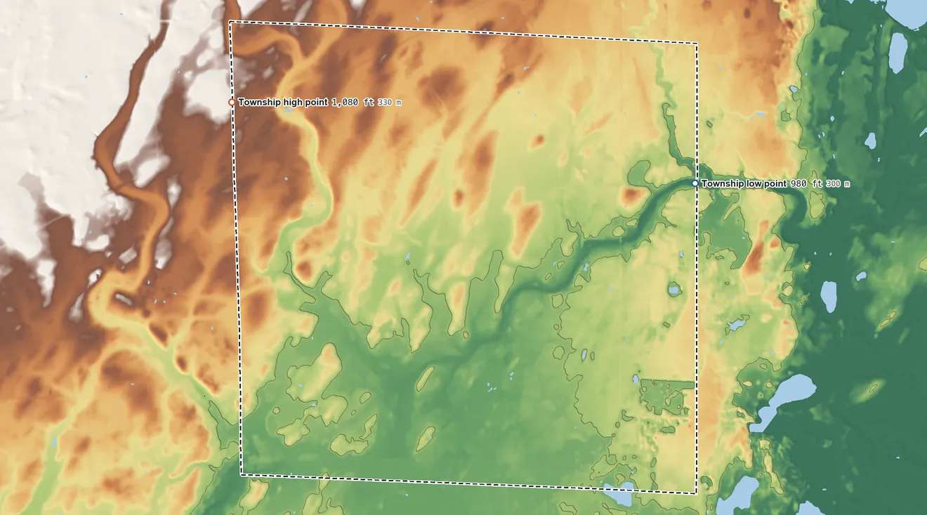 Topographic elevation map of South Fork Township, Minnesota, shaded from 980 ft on the east side to 1,080 ft on the northwest side