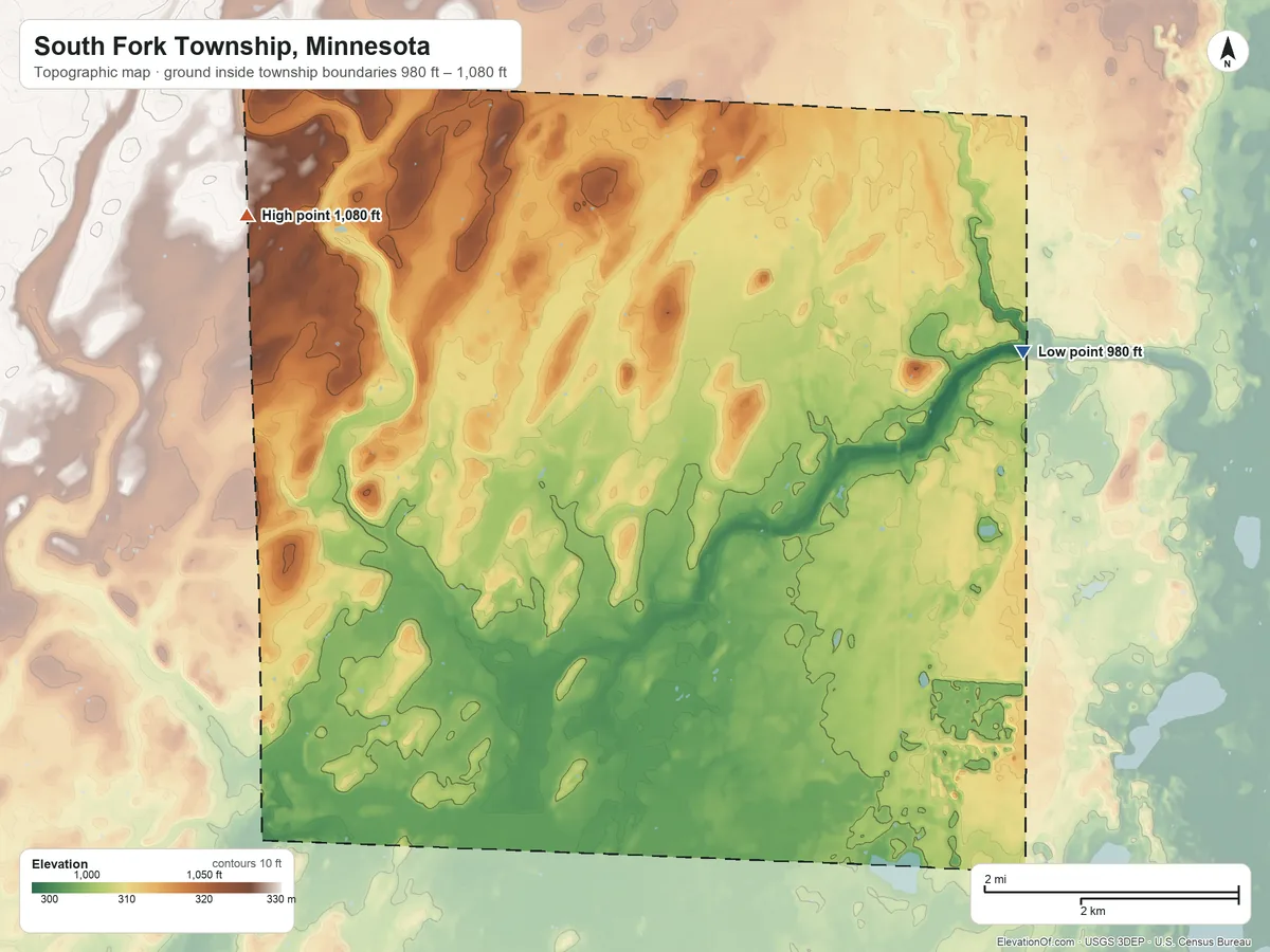 Topographic elevation map of South Fork Township, Minnesota, shaded from 980 ft on the east side to 1,080 ft on the northwest side
