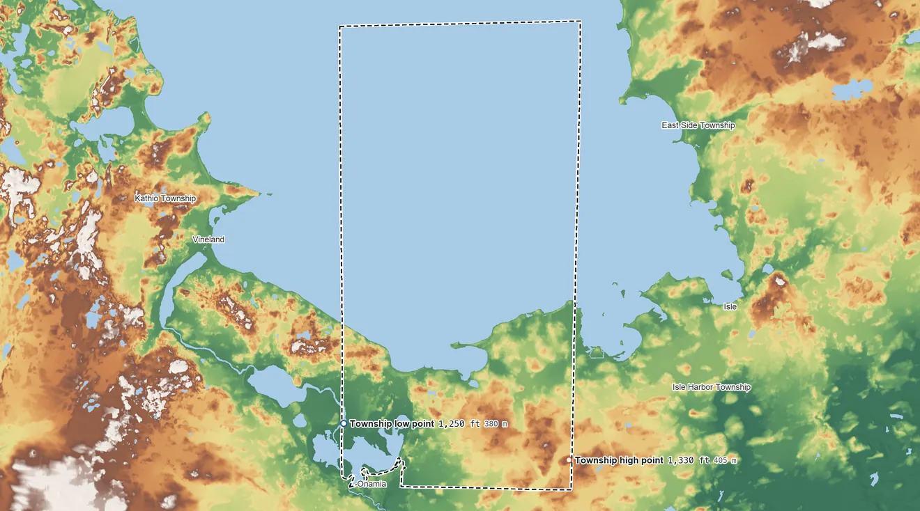 Topographic elevation map of South Harbor Township, Minnesota, shaded from 1,250 ft on the west side to 1,330 ft on the southeast side