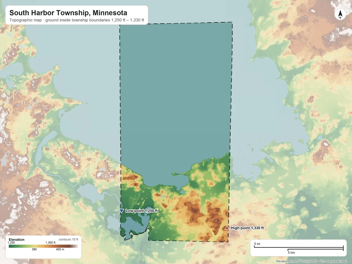 Topographic elevation map of South Harbor Township, Minnesota, shaded from 1,250 ft on the west side to 1,330 ft on the southeast side
