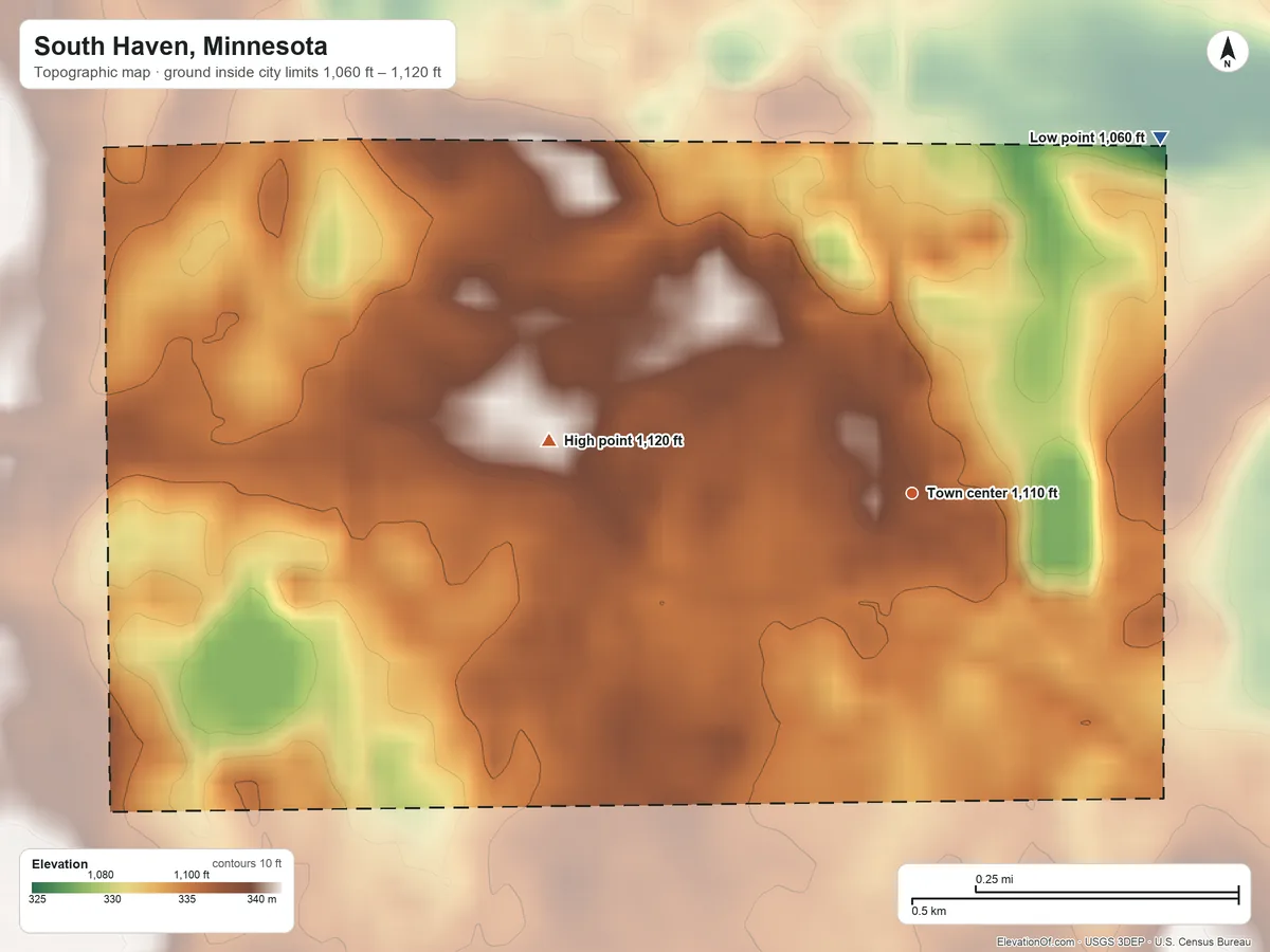 Topographic elevation map of South Haven, Minnesota, shaded from 1,060 ft on the northeast side to 1,120 ft on the west side