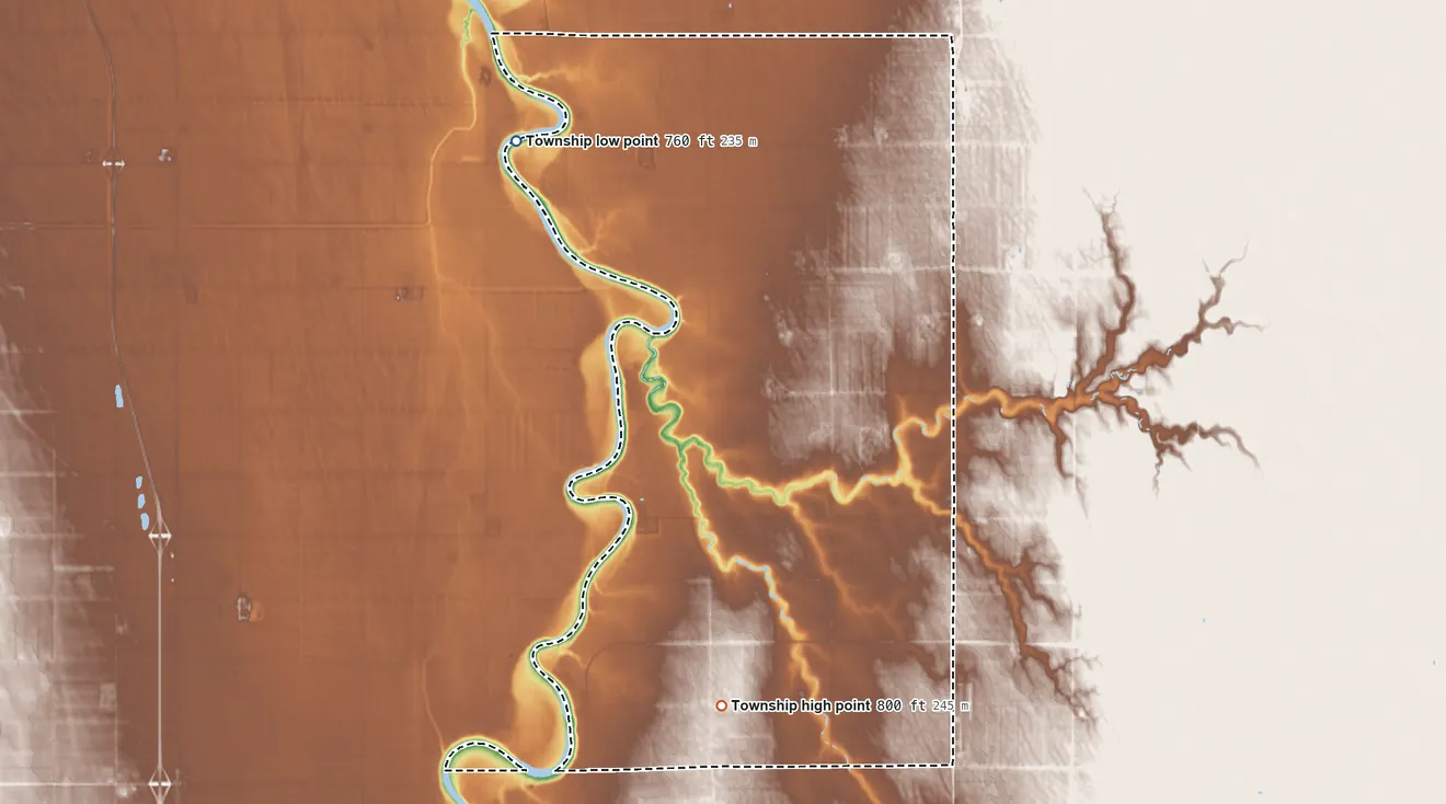 Topographic elevation map of South Red River Township, Minnesota, shaded from 760 ft on the west side to 800 ft on the south side