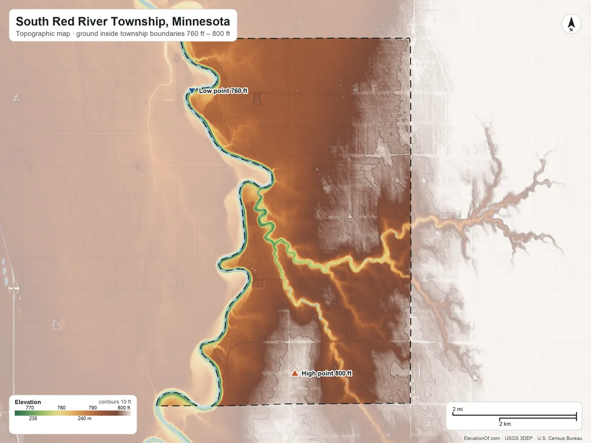 Topographic elevation map of South Red River Township, Minnesota, shaded from 760 ft on the west side to 800 ft on the south side