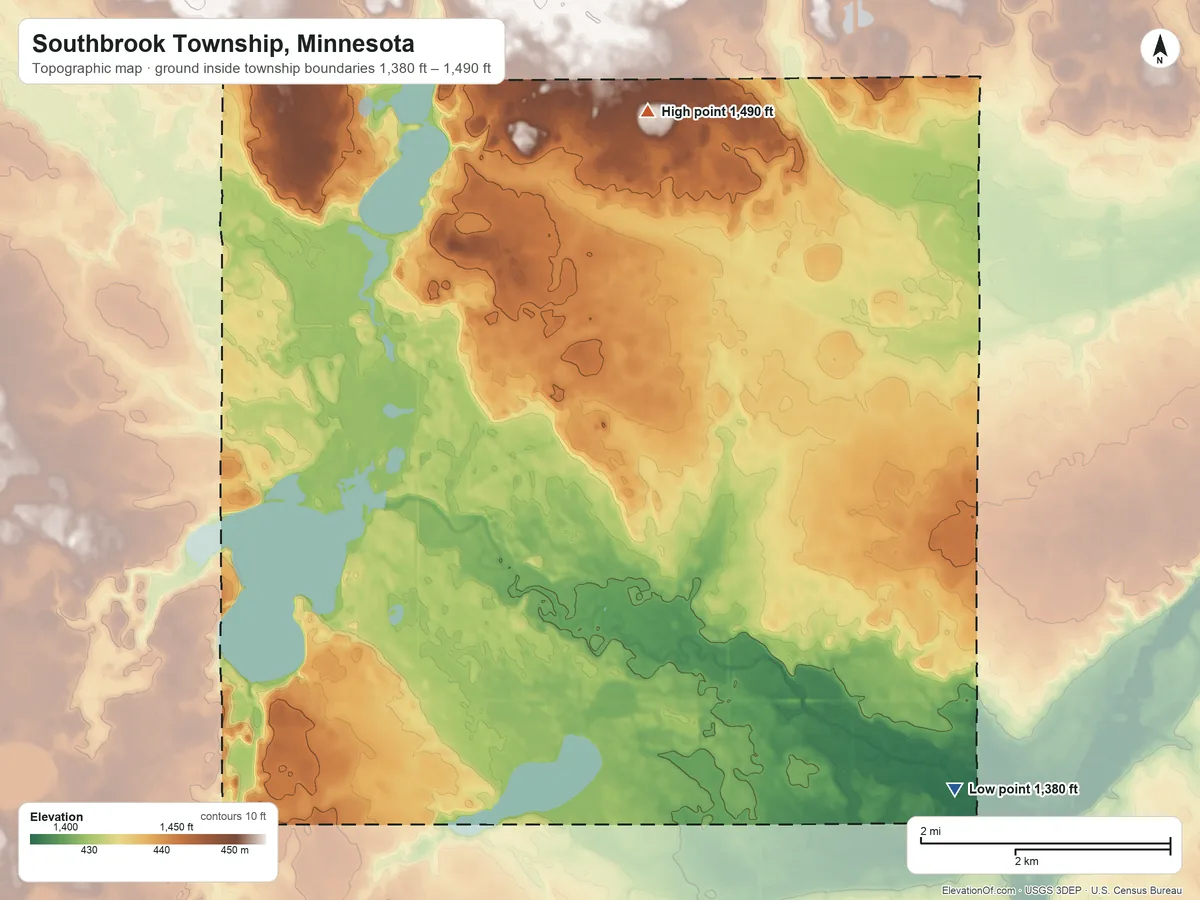 Topographic elevation map of Southbrook Township, Minnesota, shaded from 1,380 ft on the southeast side to 1,490 ft on the north side