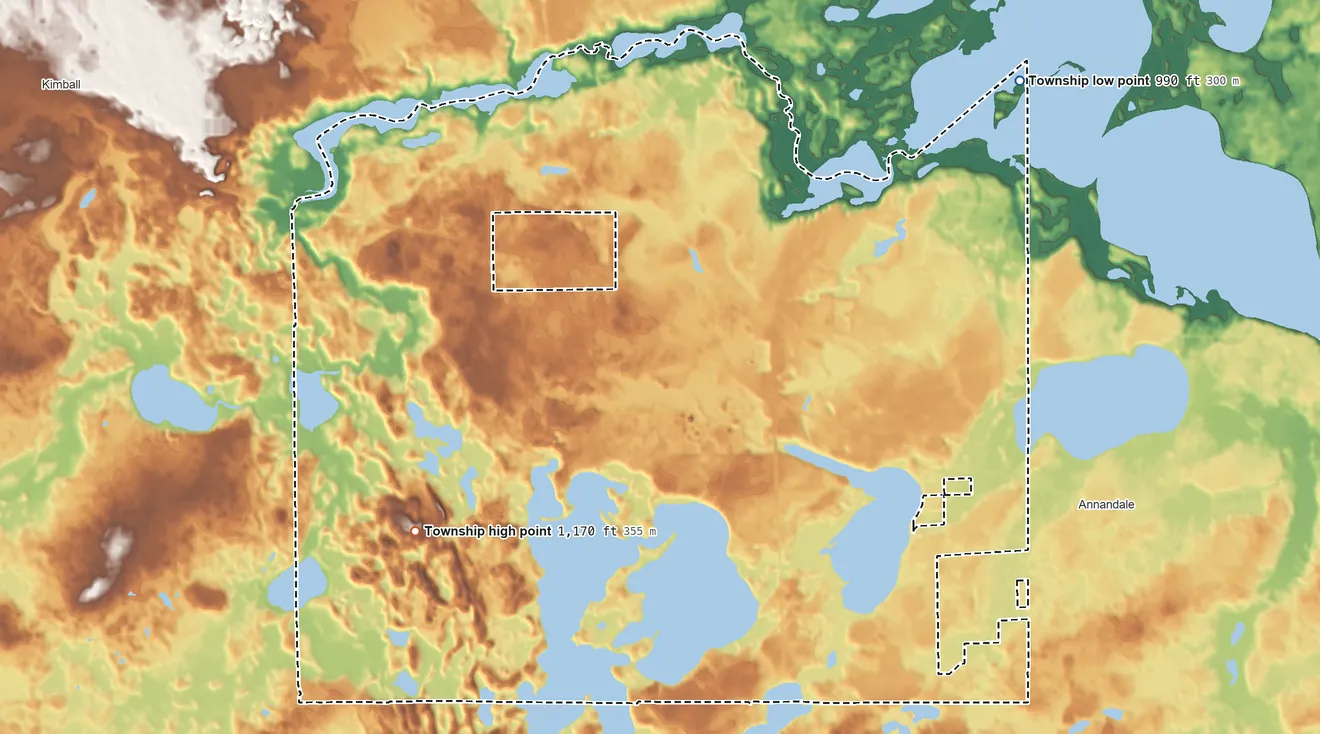 Topographic elevation map of Southside Township, Minnesota, shaded from 990 ft on the northeast side to 1,170 ft on the southwest side