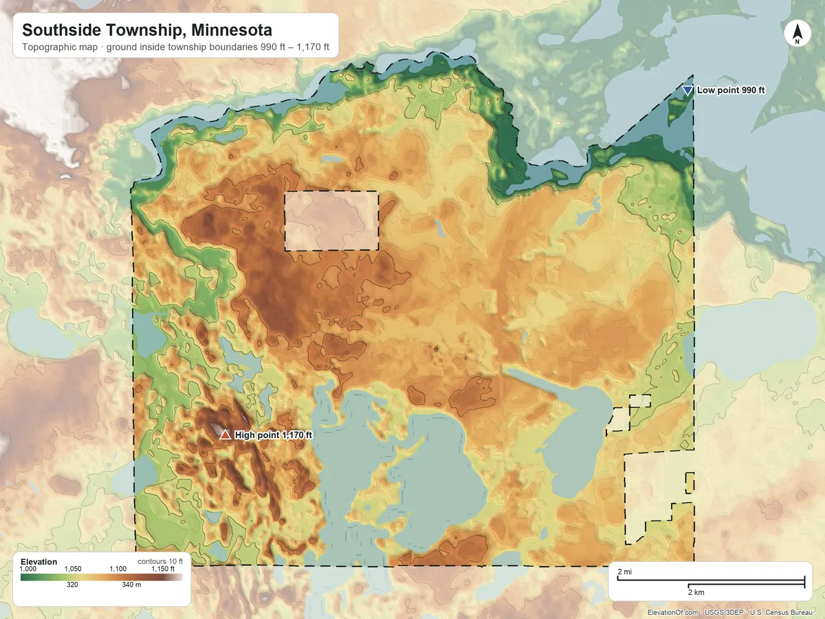 Topographic elevation map of Southside Township, Minnesota, shaded from 990 ft on the northeast side to 1,170 ft on the southwest side