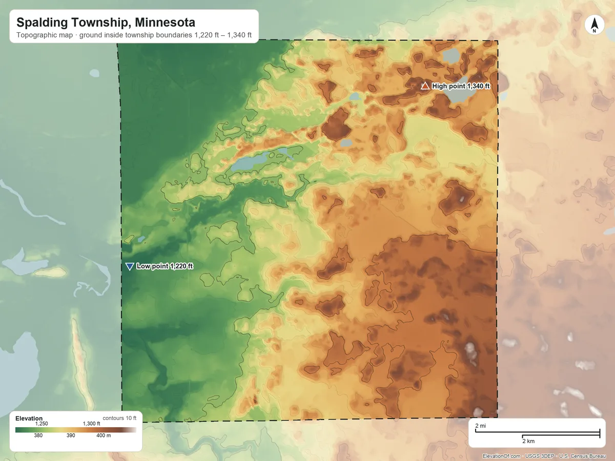 Topographic elevation map of Spalding Township, Minnesota, shaded from 1,220 ft on the west side to 1,340 ft on the northeast side