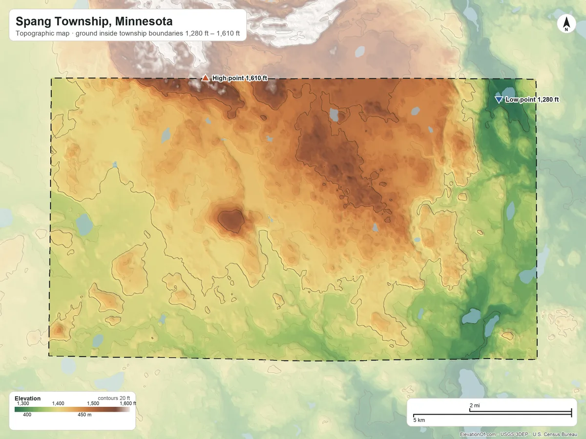 Topographic elevation map of Spang Township, Minnesota, shaded from 1,280 ft on the north side to 1,610 ft on the northwest side