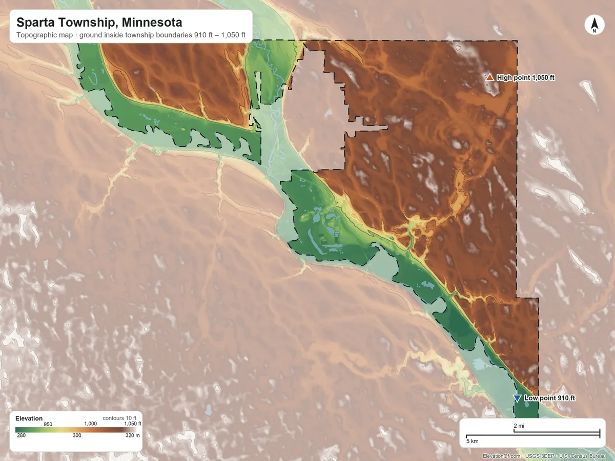 Topographic elevation map of Sparta Township, Minnesota, shaded from 910 ft on the southeast side to 1,050 ft on the northeast side