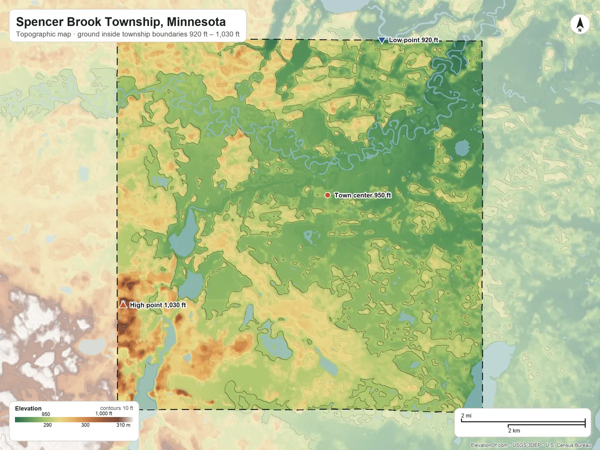 Topographic elevation map of Spencer Brook Township, Minnesota, shaded from 920 ft on the north side to 1,030 ft on the southwest side