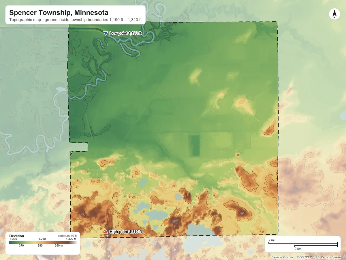 Topographic elevation map of Spencer Township, Minnesota, shaded from 1,190 ft on the north side to 1,310 ft on the southwest side